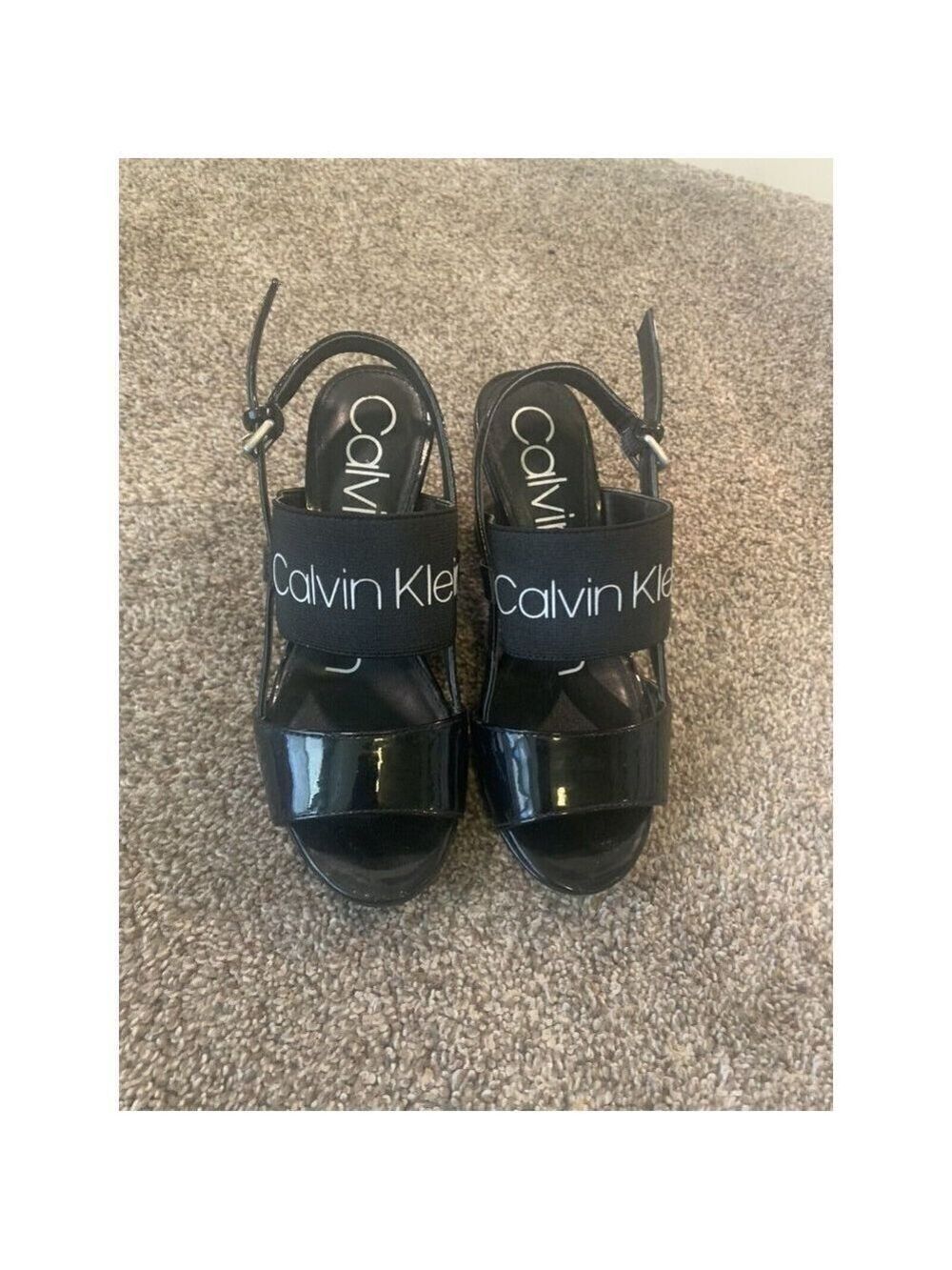 Calvin KLEIN Bethan Logo Wedge Sandals Black Patent Size 5.5